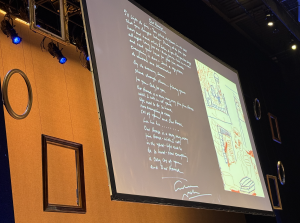 Just one of Muse/Ique's many visuals, this one of Graham Nash's handwritten lyrics to Our House. hoto by Karen Salkin.